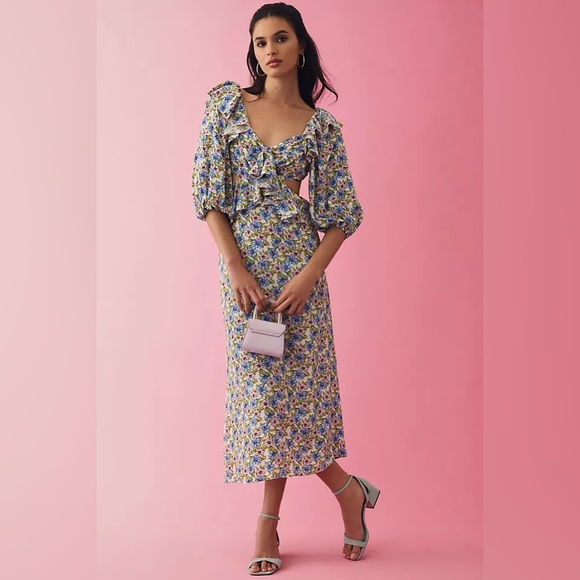 ✨ Anthropologie Puff-Sleeve Cutout Dress Sz 12 - Picture 2 of 8